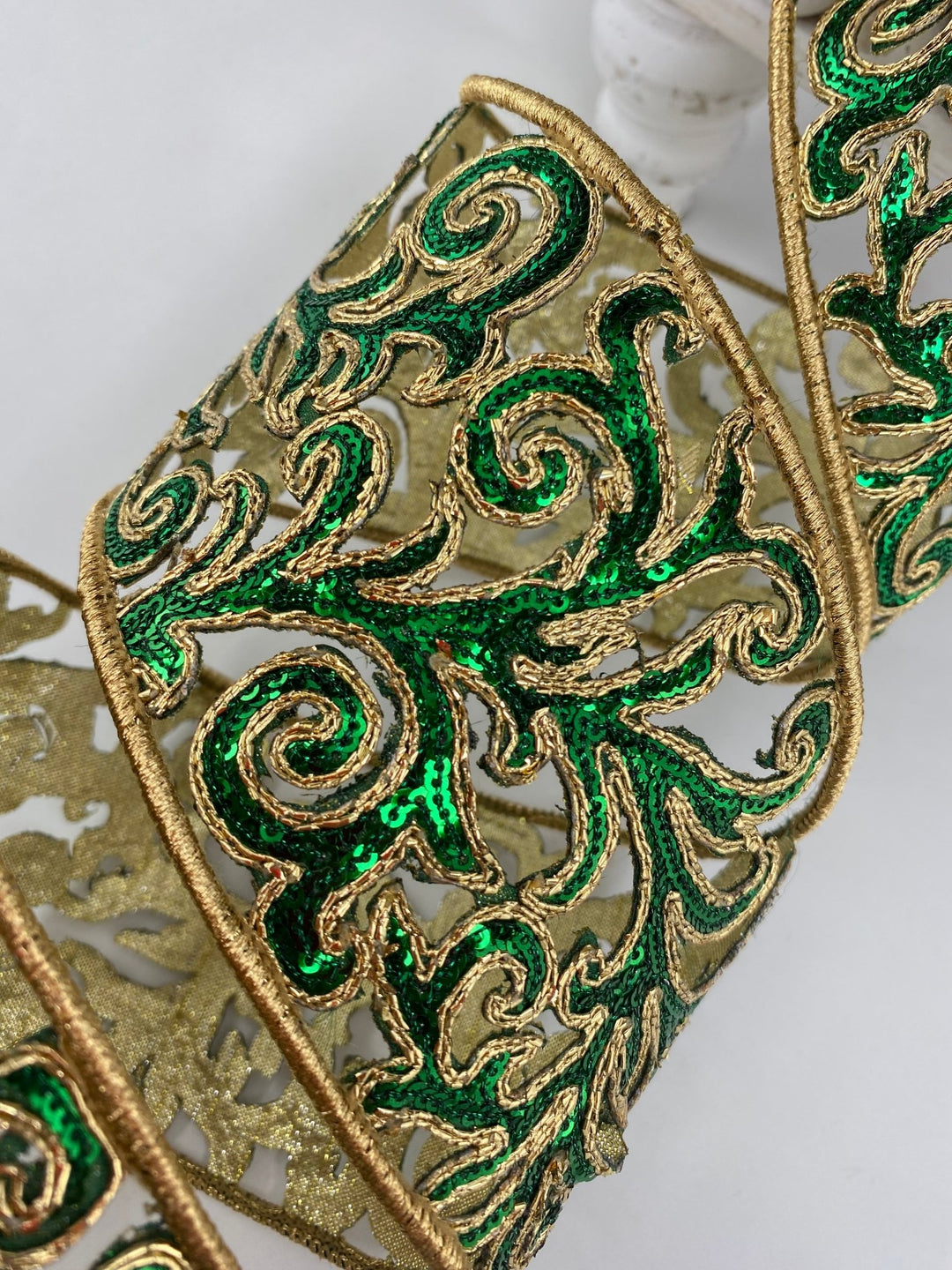 Farrisilk green sequin acanthus wired ribbon - 4” - Greenery Marketwired ribbonRK745 - 55