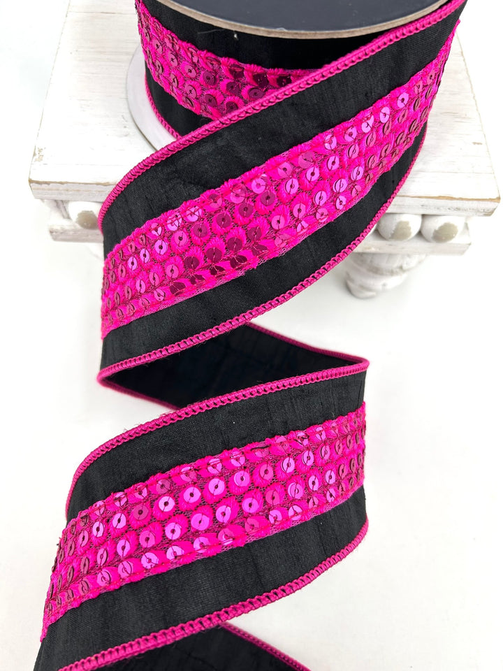 Farrisilk Hot Pink & Black Hoo Who Wired Ribbon - 2.5" - Greenery MarketWired RibbonHR055-88