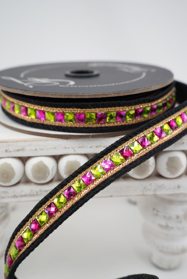 Farrisilk Hot Pink & Lime Bedazzled Wired Ribbon - .75" - Greenery MarketWired RibbonHR053-61