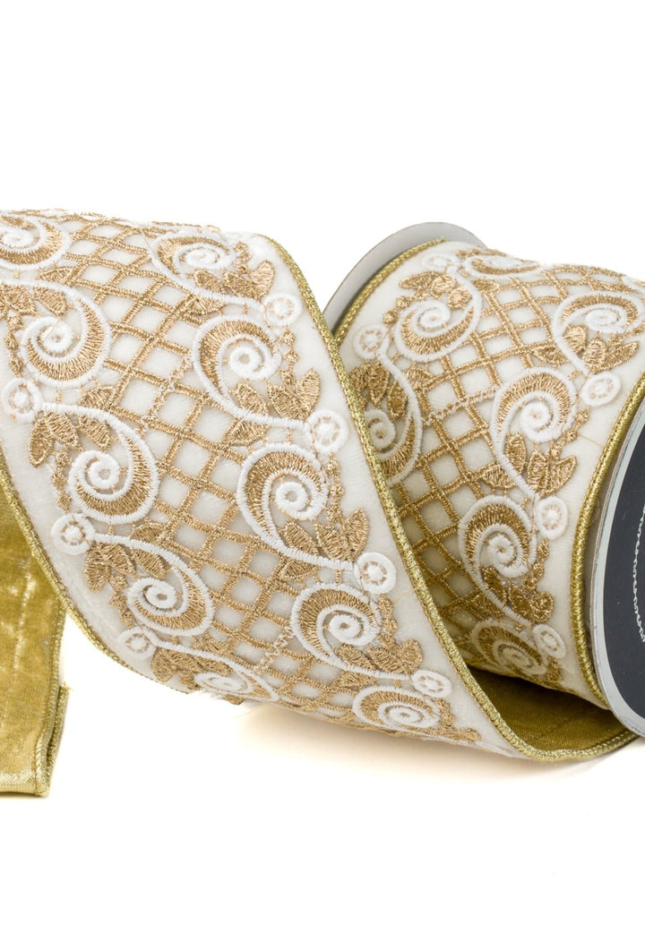 Farrisilk ivory velvet w/ gold lattice ribbon - 4” - Greenery Marketwired ribbonRK680 - 62