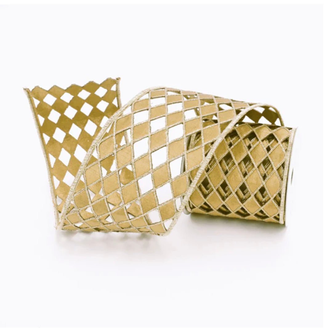 Farrisilk jester diamond lace, gold, tree ribbon - 4” - Greenery Marketwired ribbonRG930-50