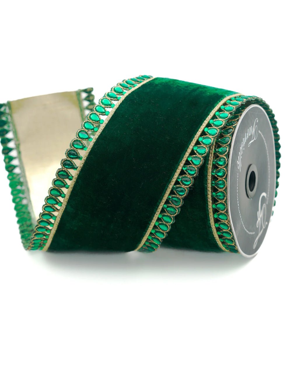 Farrisilk jewel border on emerald green velvet ribbon - 4” - Greenery Marketwired ribbonRK361 - 55