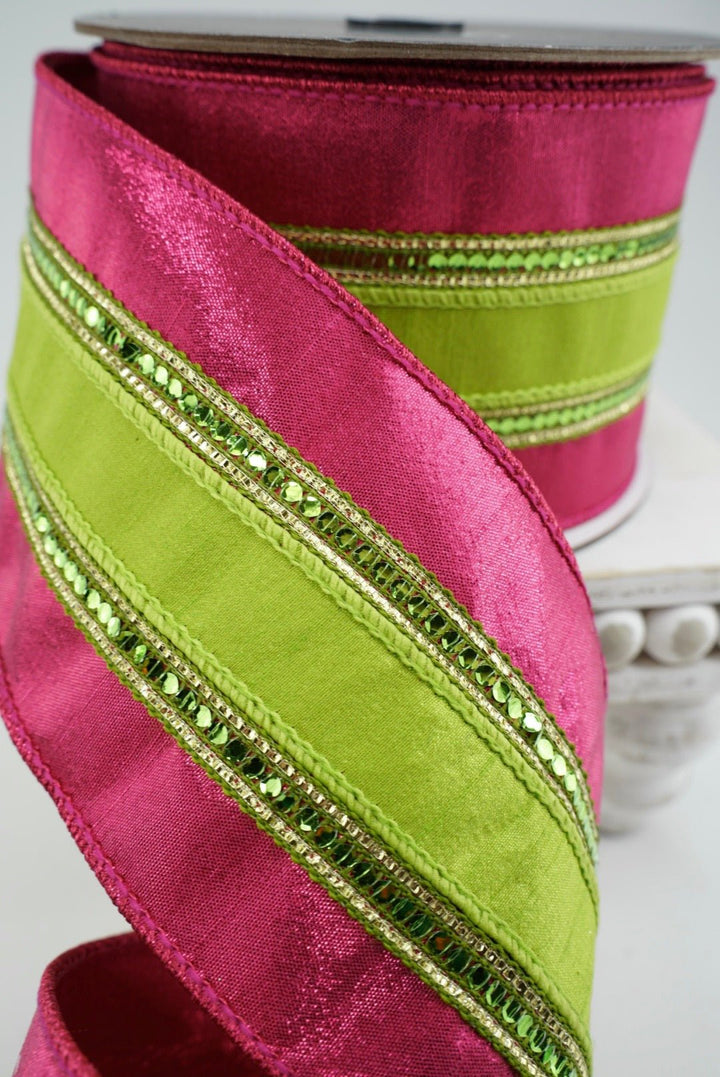 Farrisilk Lime & Hot Pink Twinkle Borders Wired Ribbon - 4" - Greenery MarketWired RibbonRK904-65