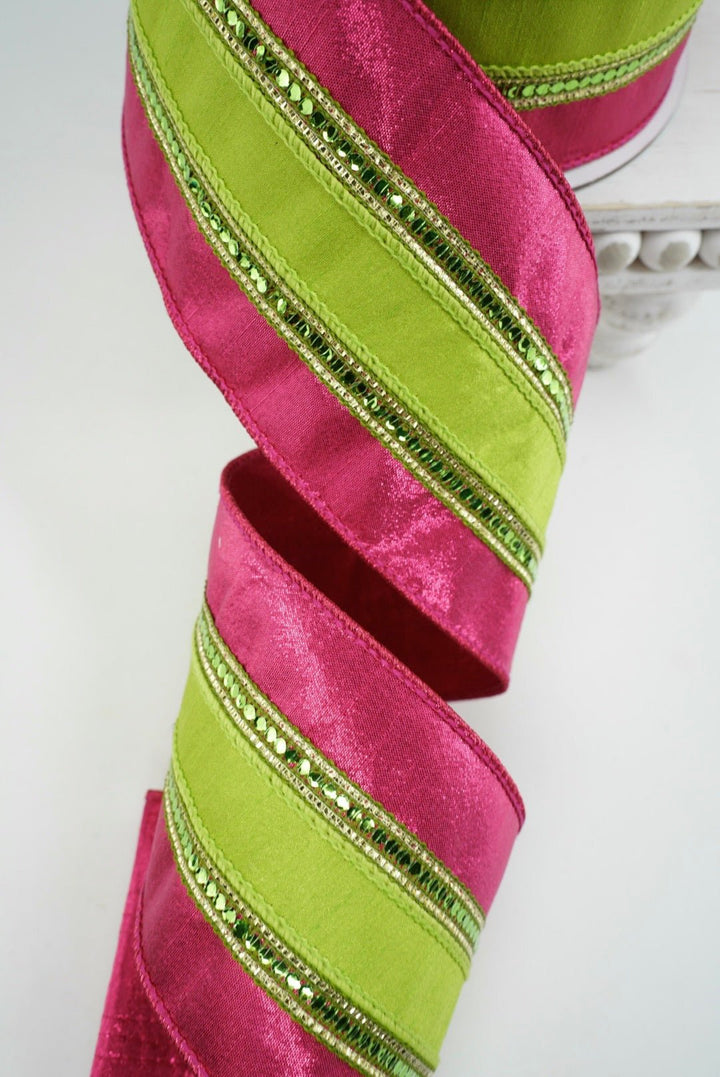 Farrisilk Lime & Hot Pink Twinkle Borders Wired Ribbon - 4" - Greenery MarketWired RibbonRK904-65
