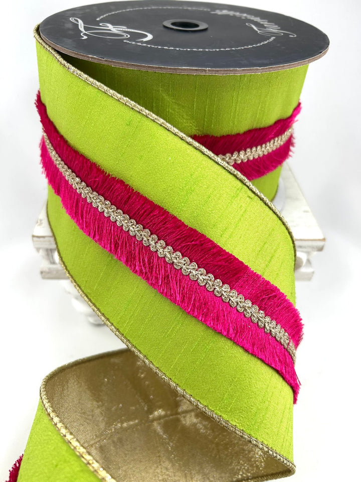 Farrisilk Lime Velvety Fringe Wired Ribbon - 4" - Greenery MarketWired RibbonRK920-61
