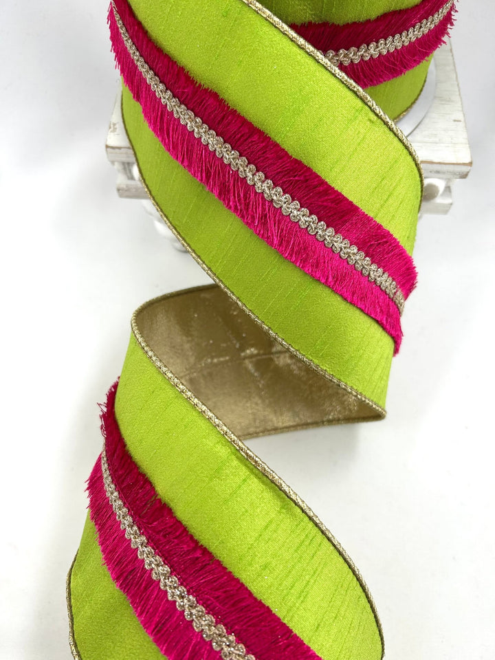 Farrisilk Lime Velvety Fringe Wired Ribbon - 4" - Greenery MarketWired RibbonRK920-61