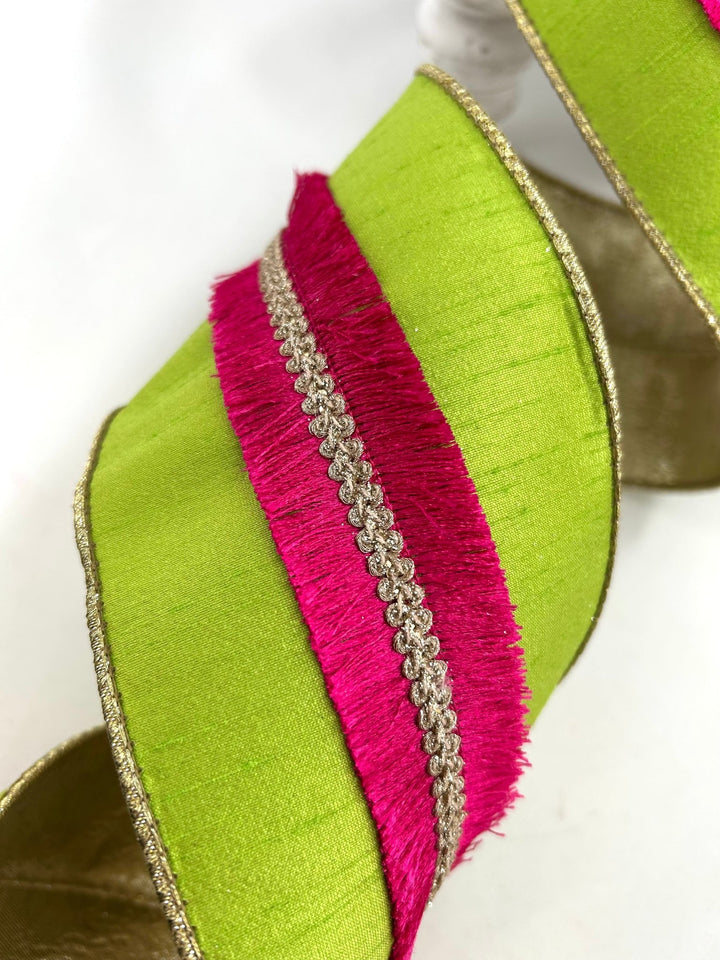 Farrisilk Lime Velvety Fringe Wired Ribbon - 4" - Greenery MarketWired RibbonRK920-61