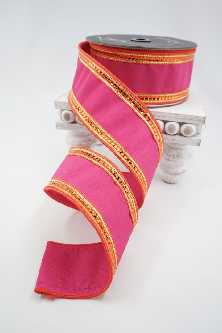 Farrisilk Orange & Hot Pink Twinkle Borders Wired Ribbon - 2.5" - Greenery MarketWired RibbonRK903-40