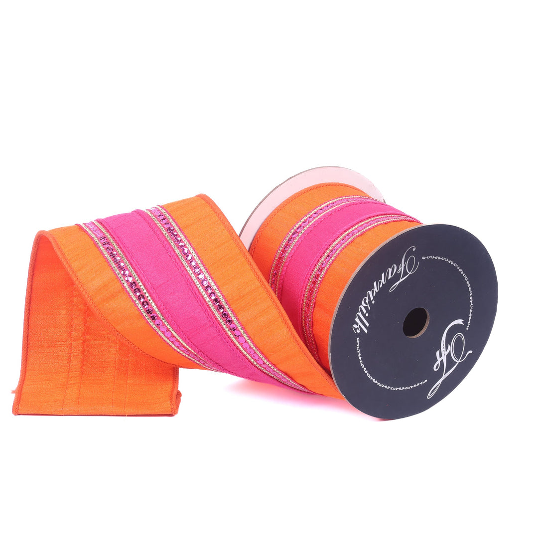Farrisilk Orange & Hot Pink Twinkle Borders Wired Ribbon - 4" - Greenery MarketWired RibbonRK904-40
