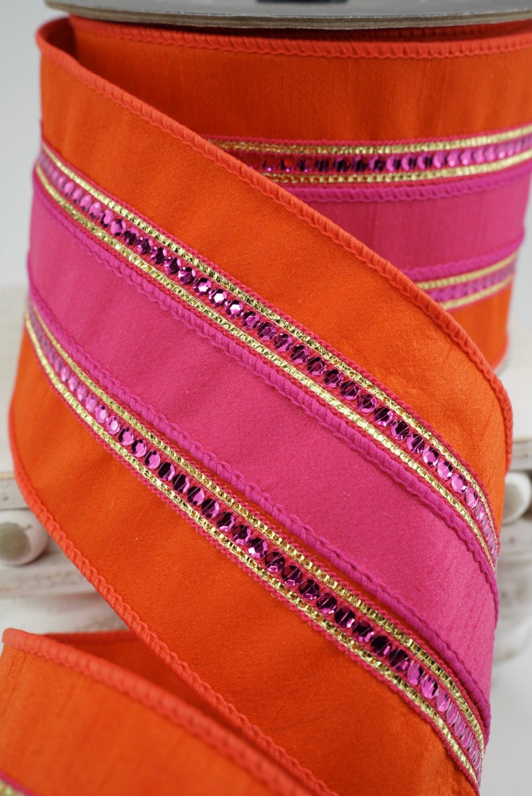 Farrisilk Orange & Hot Pink Twinkle Borders Wired Ribbon - 4" - Greenery MarketWired RibbonRK904-40