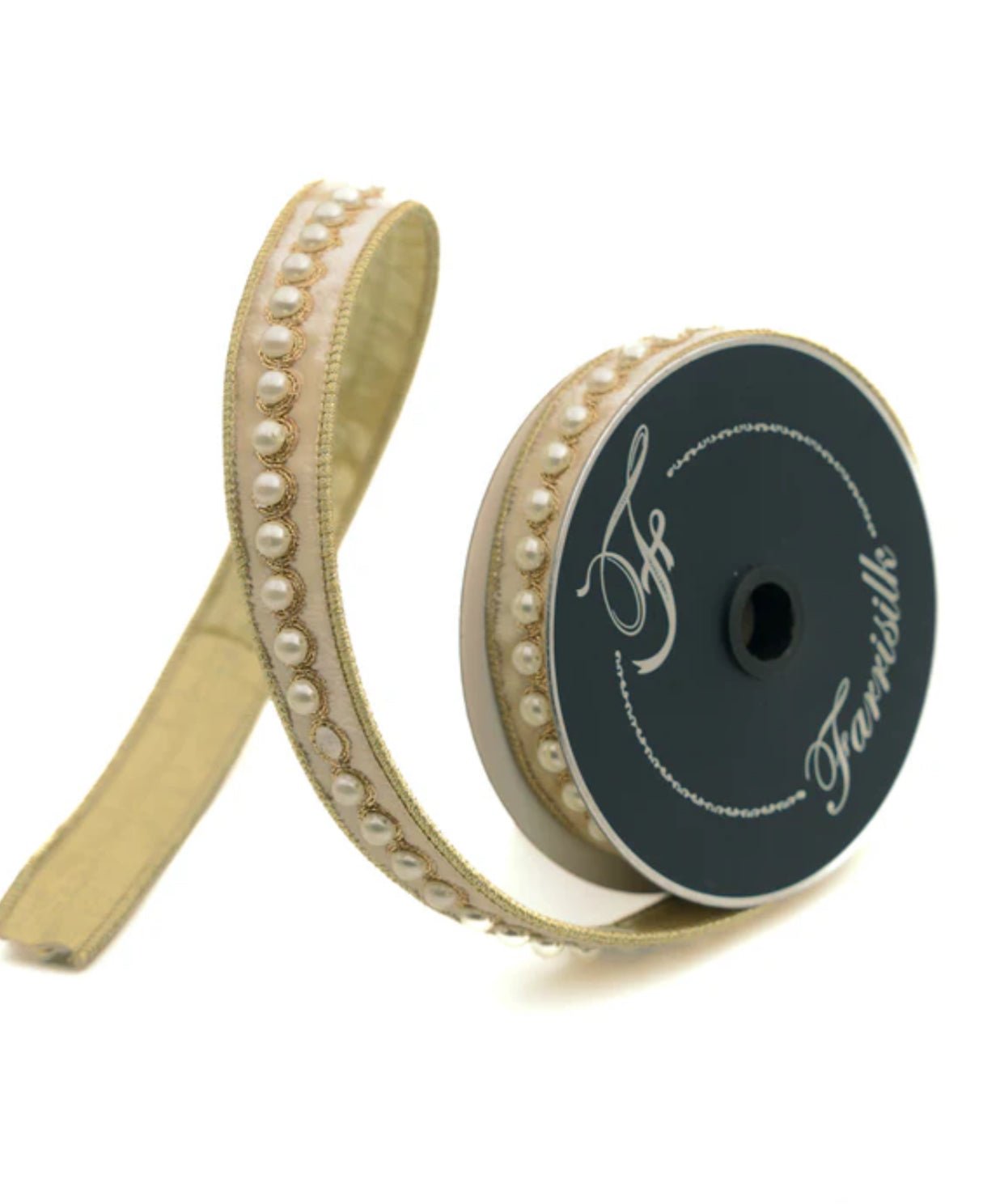Farrisilk pearl border in cream velvet ribbon - 1” - Greenery Marketwired ribbonRK316-01