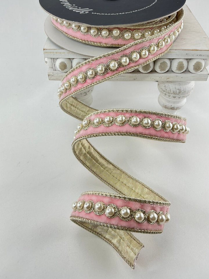 Farrisilk pearl border on pink velvet ribbon - 1” - Greenery Marketwired ribbonRK316 - 64