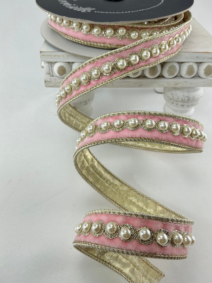 Farrisilk pearl border on pink velvet ribbon - 1” - Greenery Marketwired ribbonRK316 - 64