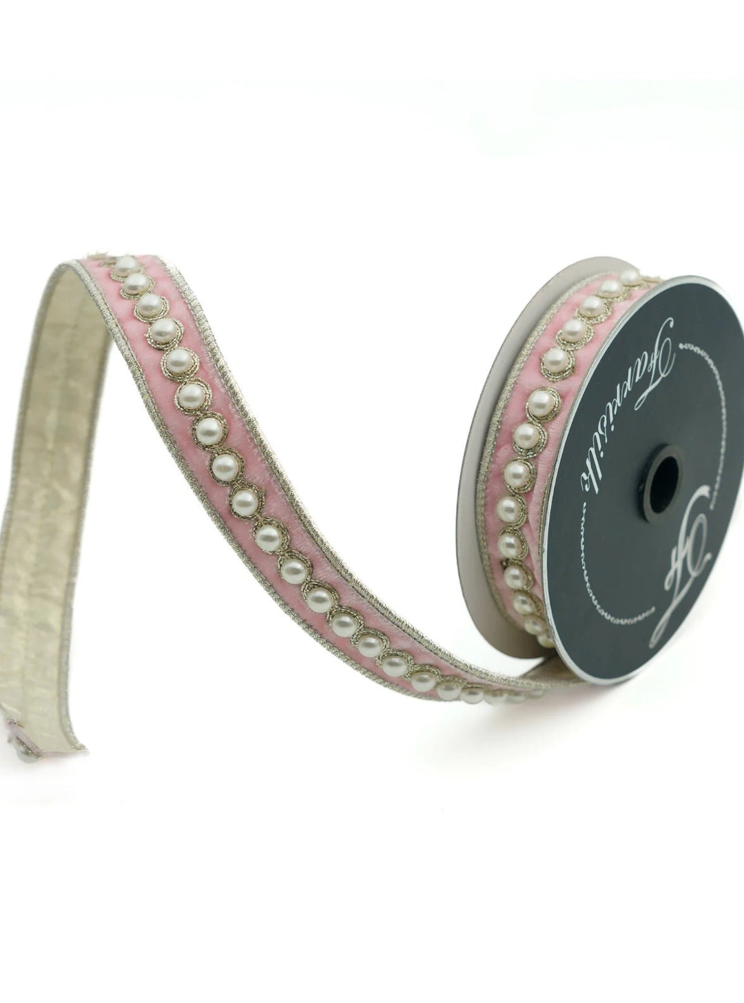 Farrisilk pearl border on pink velvet ribbon - 1” - Greenery Marketwired ribbonRK316 - 64