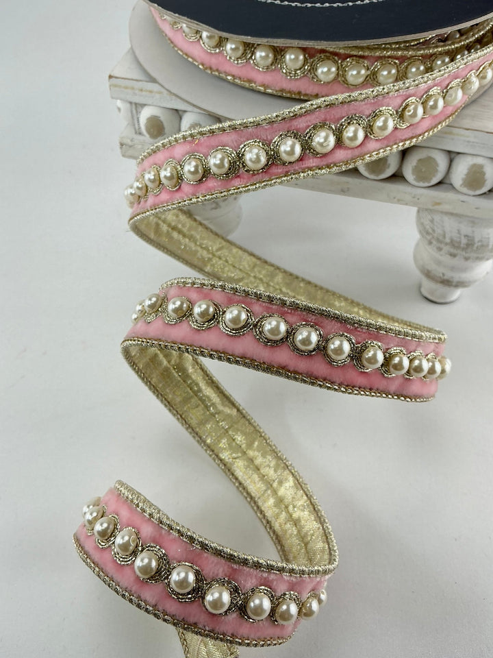Farrisilk pearl border on pink velvet ribbon - 1” - Greenery Marketwired ribbonRK316 - 64