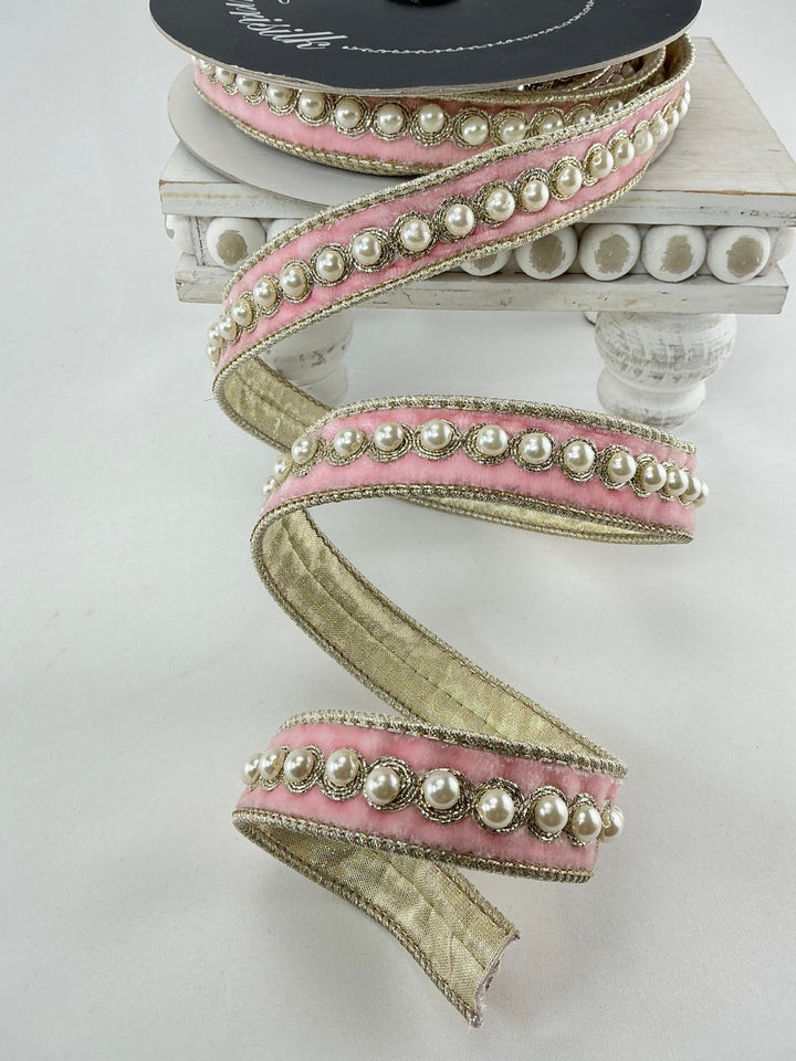 Farrisilk pearl border on pink velvet ribbon - 1” - Greenery Marketwired ribbonRK316 - 64