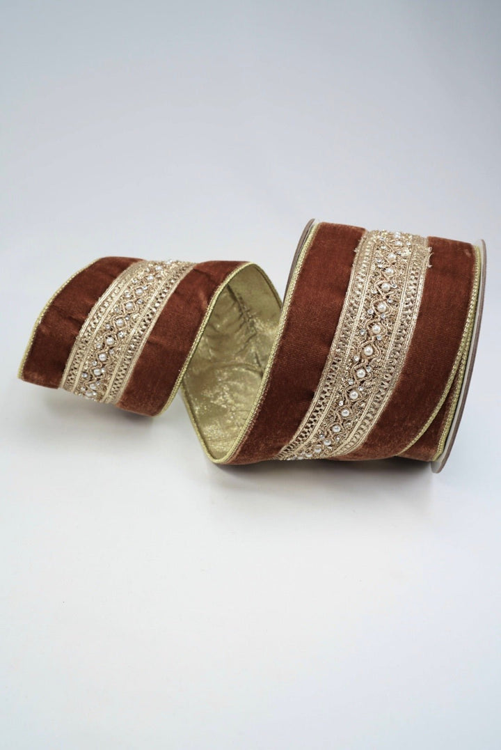 Farrisilk Pecan Maison Ruban Wired Ribbon - 4" - Greenery MarketWired RibbonRK958-35