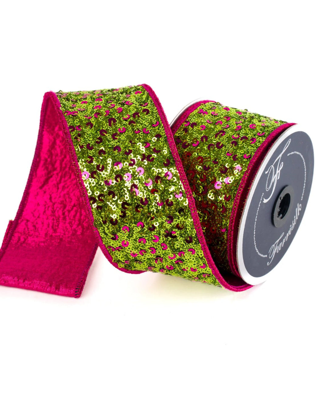 Farrisilk, pink and lime green flashy sequins 2.5” wired ribbon - Greenery MarketRibbons & TrimRK746 - 08