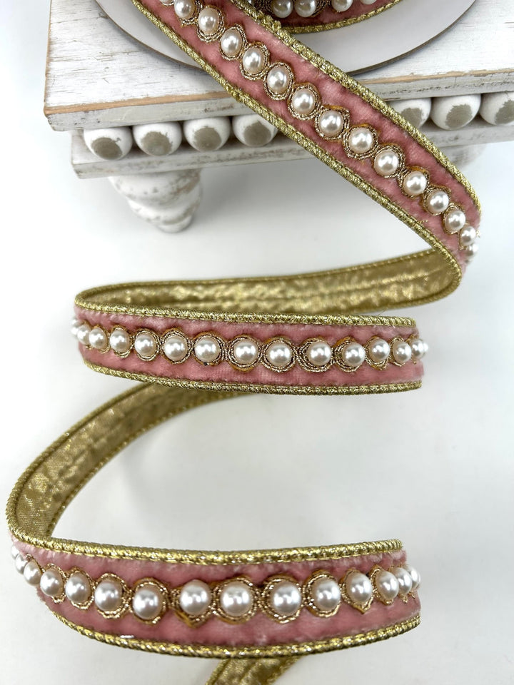 Farrisilk Pink Pearl Borders Wired Ribbon - 1" - Greenery MarketWired RibbonRK316-14