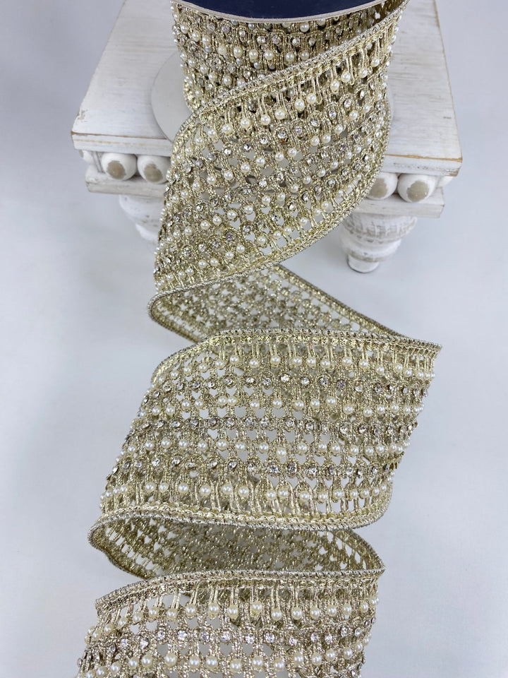 Farrisilk platinum flashy Victorian pearl ribbon - 3” - Greenery Marketwired ribbonRK284 - 51