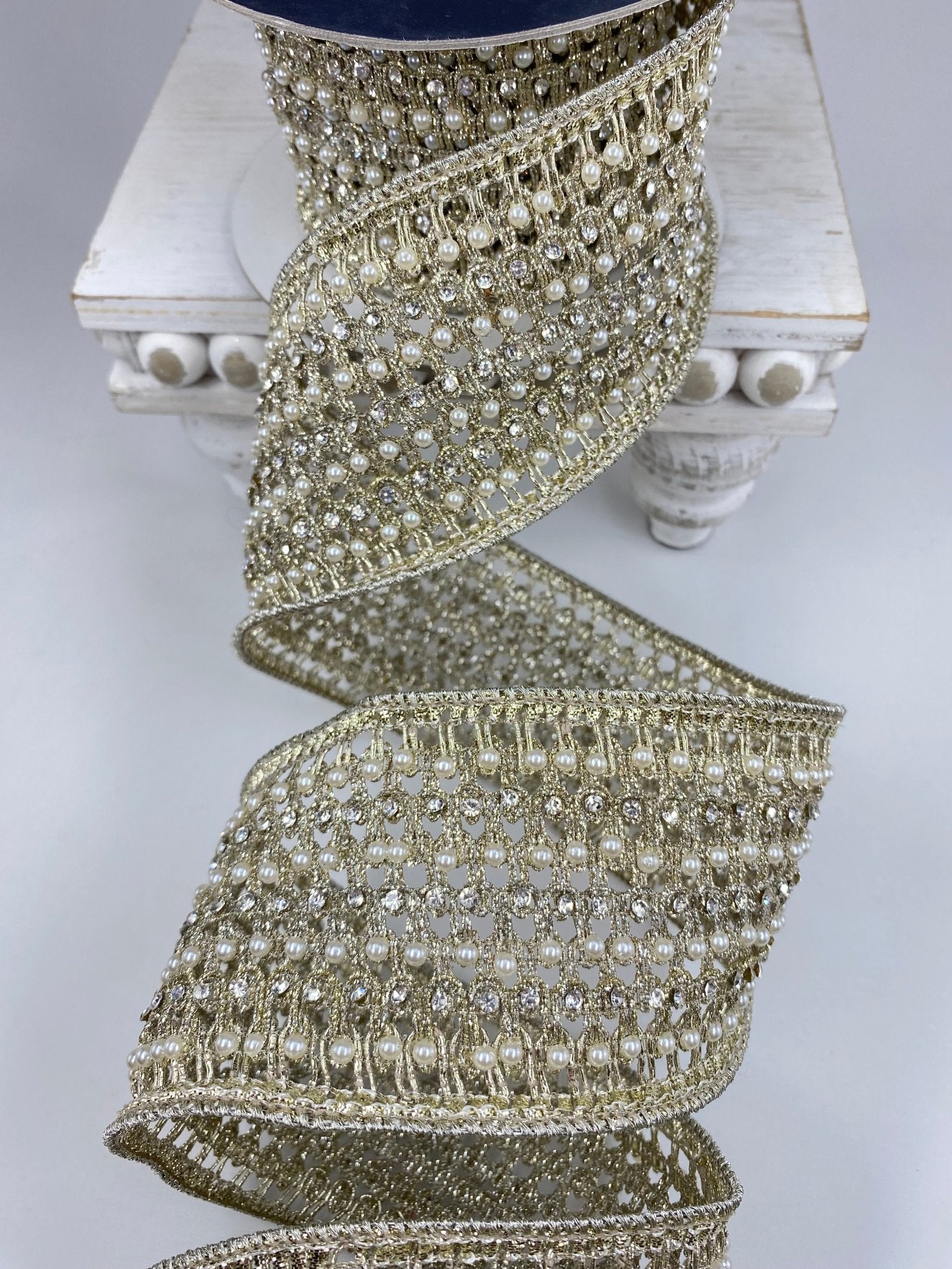 Farrisilk platinum flashy Victorian pearl ribbon - 3” - Greenery