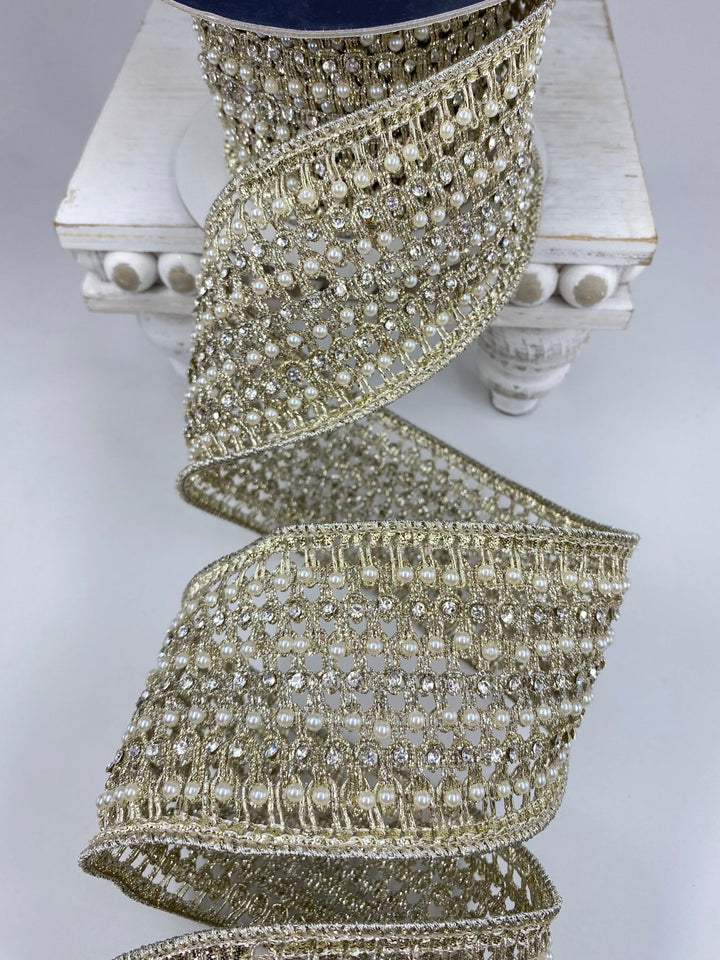 Farrisilk platinum flashy Victorian pearl ribbon - 3” - Greenery Marketwired ribbonRK284 - 51