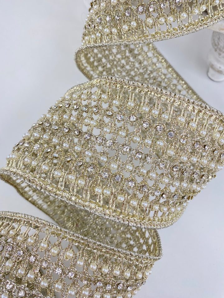 Farrisilk platinum flashy Victorian pearl ribbon - 3” - Greenery Marketwired ribbonRK284 - 51