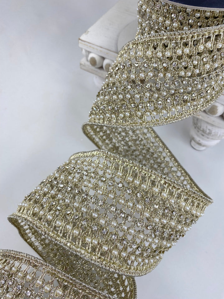 Farrisilk platinum flashy Victorian pearl ribbon - 3” - Greenery Marketwired ribbonRK284 - 51