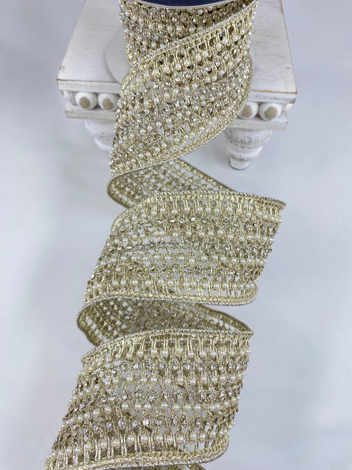 Farrisilk platinum flashy Victorian pearl ribbon - 3” - Greenery Marketwired ribbonRK284 - 51