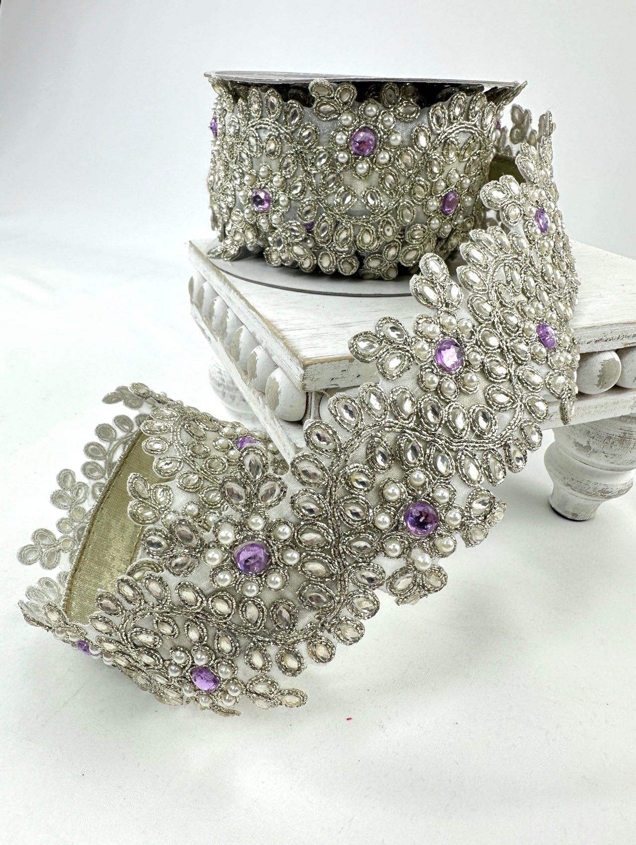 Farrisilk platinum pearls and purple gems 2.5” wired ribbon - Greenery MarketRibbons & TrimRk335-70
