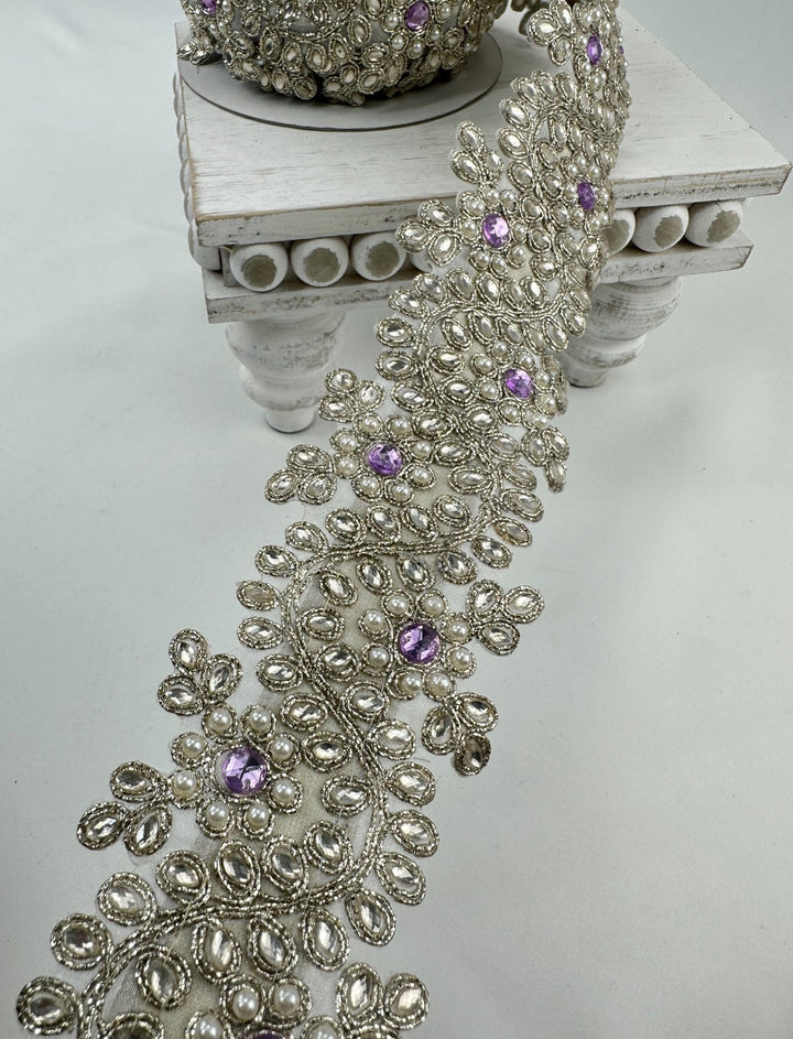 Farrisilk platinum pearls and purple gems 2.5” wired ribbon - Greenery MarketRibbons & TrimRk335-70