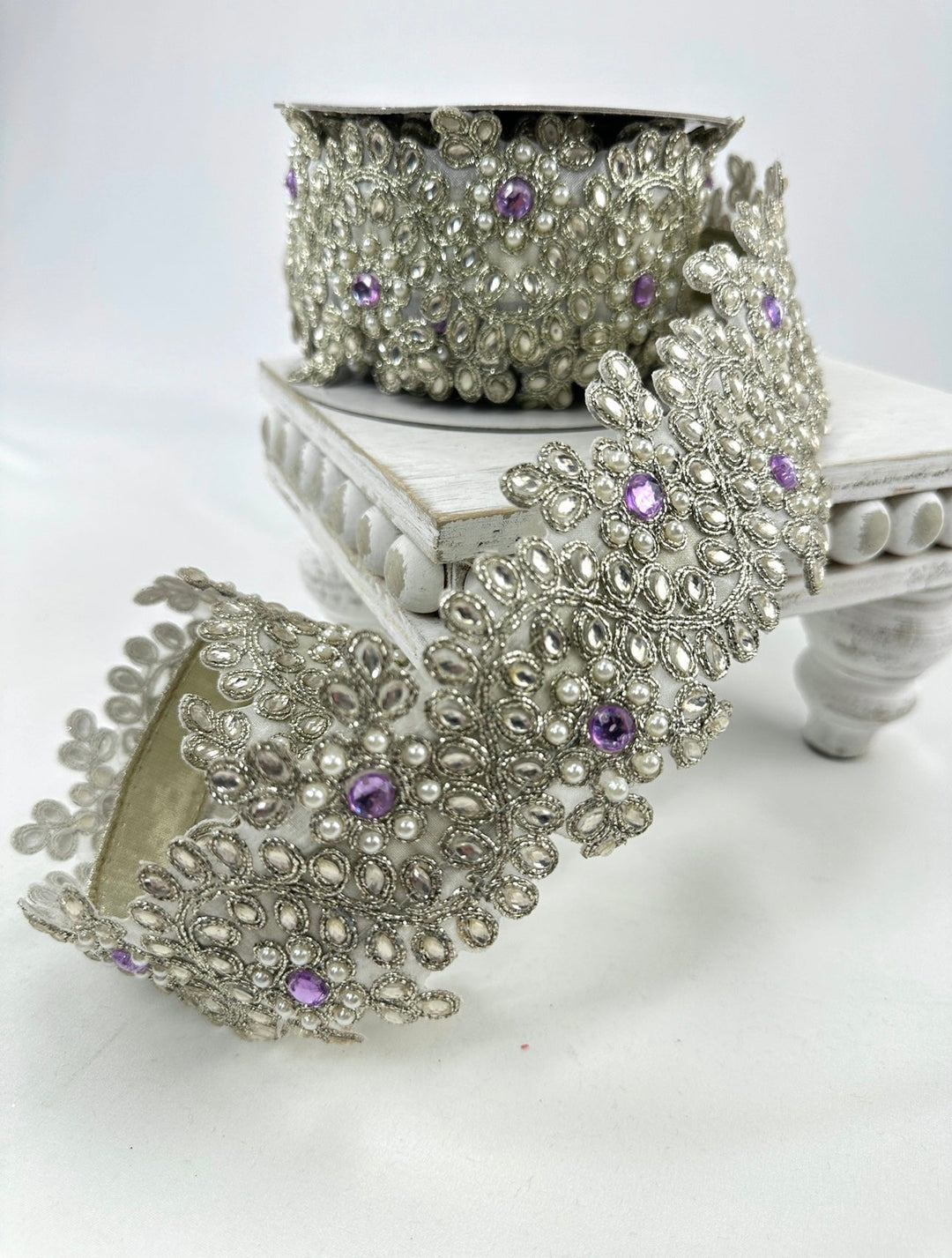 Farrisilk platinum pearls and purple gems 2.5” wired ribbon - Greenery MarketRibbons & TrimRk335-70