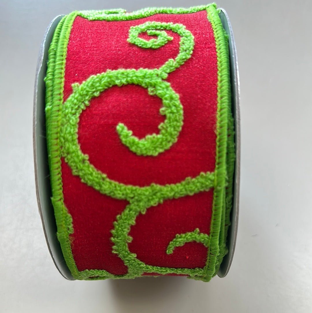 Farrisilk, red and lime green raised swirls 2.5” wired ribbon - Greenery MarketRibbons & TrimRG865 - 47