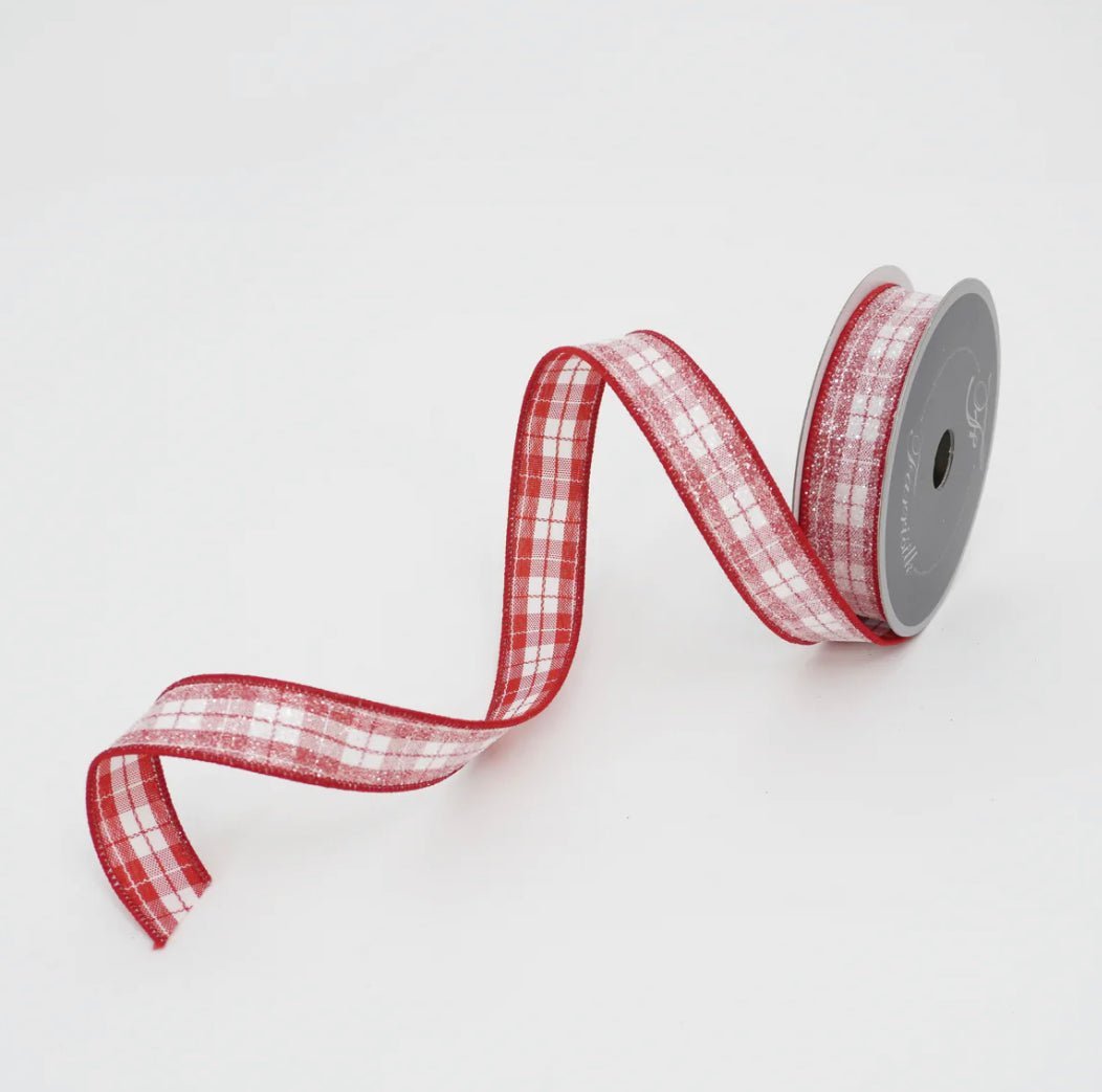 Farrisilk Red and white glittered sugar plaid 1” wired ribbon - Greenery MarketRibbons & TrimRA998 - 02