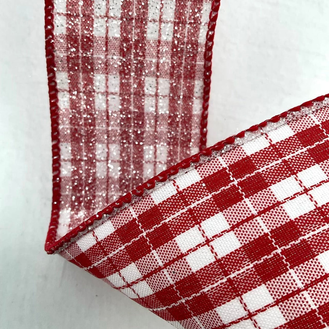 Farrisilk Red and white glittered sugar plaid 2.5” wired ribbon - Greenery MarketRibbons & TrimRA489 - 02