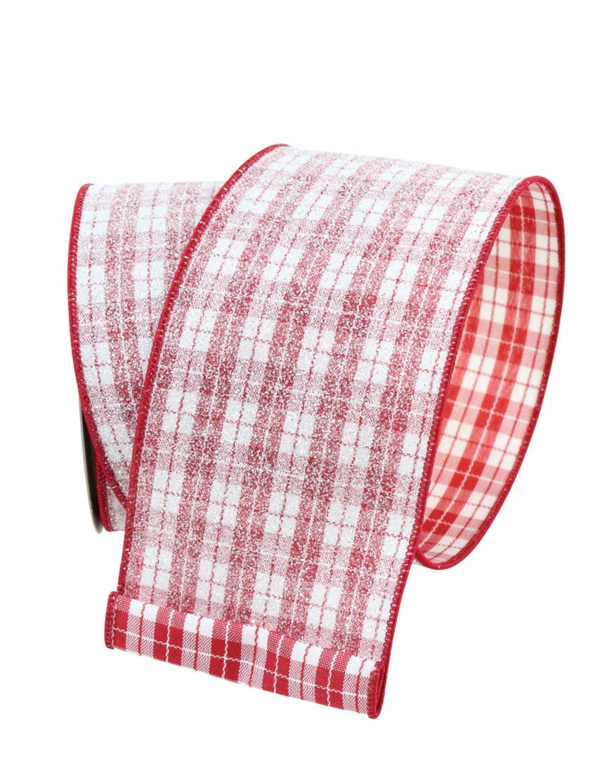 Farrisilk Red and white glittered sugar plaid 4” wired ribbon - Greenery MarketRibbons & TrimRA490 - 02