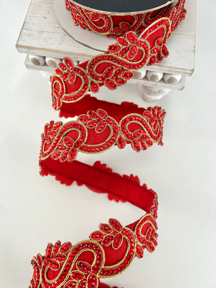 Farrisilk Red Eccentric Gems Wired Ribbon - 2" - Greenery MarketWired RibbonRJ007-02
