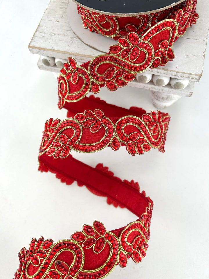Farrisilk Red Eccentric Gems Wired Ribbon - 2" - Greenery MarketWired RibbonRJ007-02