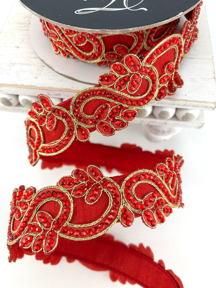 Farrisilk Red Eccentric Gems Wired Ribbon - 2" - Greenery MarketWired RibbonRJ007-02