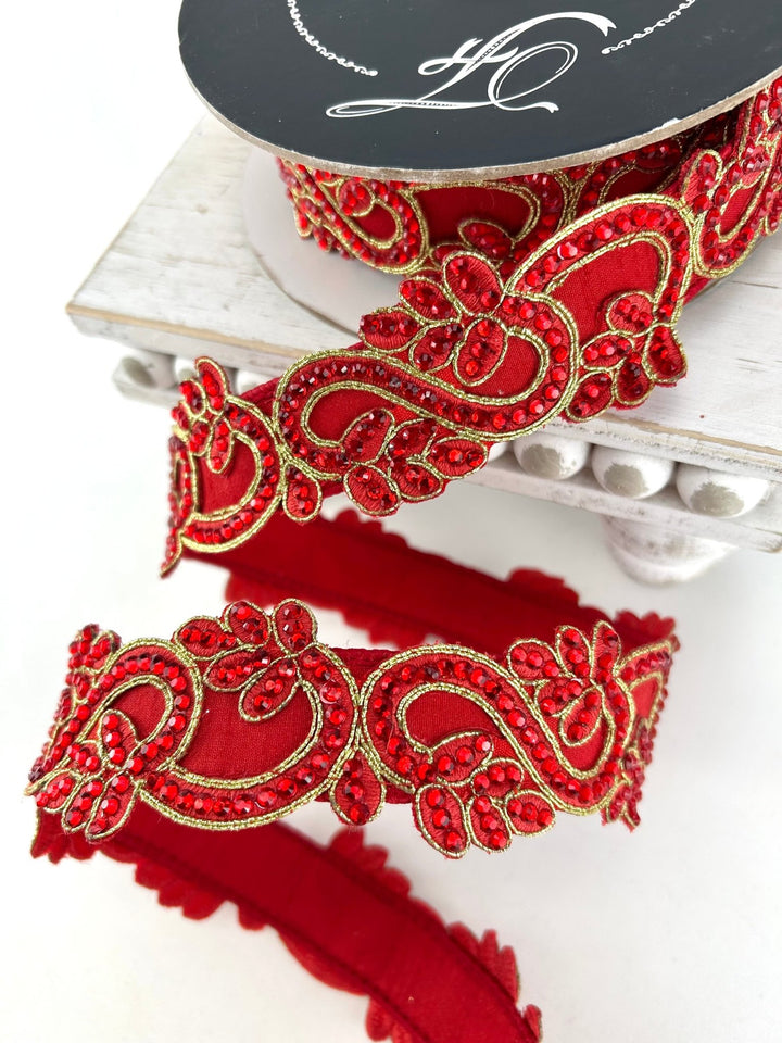 Farrisilk Red Eccentric Gems Wired Ribbon - 2" - Greenery MarketWired RibbonRJ007-02