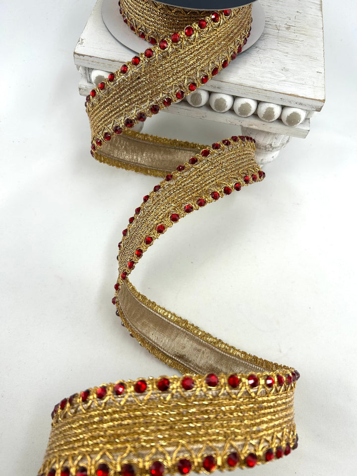Farrisilk Red Jeweled Cadet Wired Ribbon - 1.5" - Greenery MarketWired RibbonDR002-02