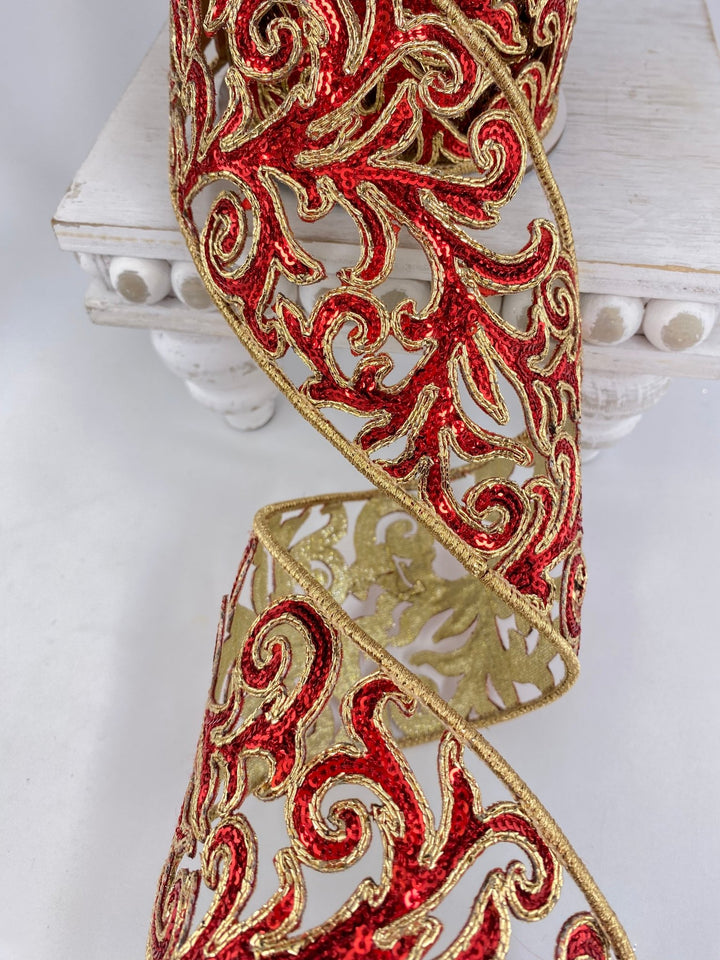 Farrisilk red sequin acanthus wired ribbon - 4” - Greenery Marketwired ribbonRK745 - 02