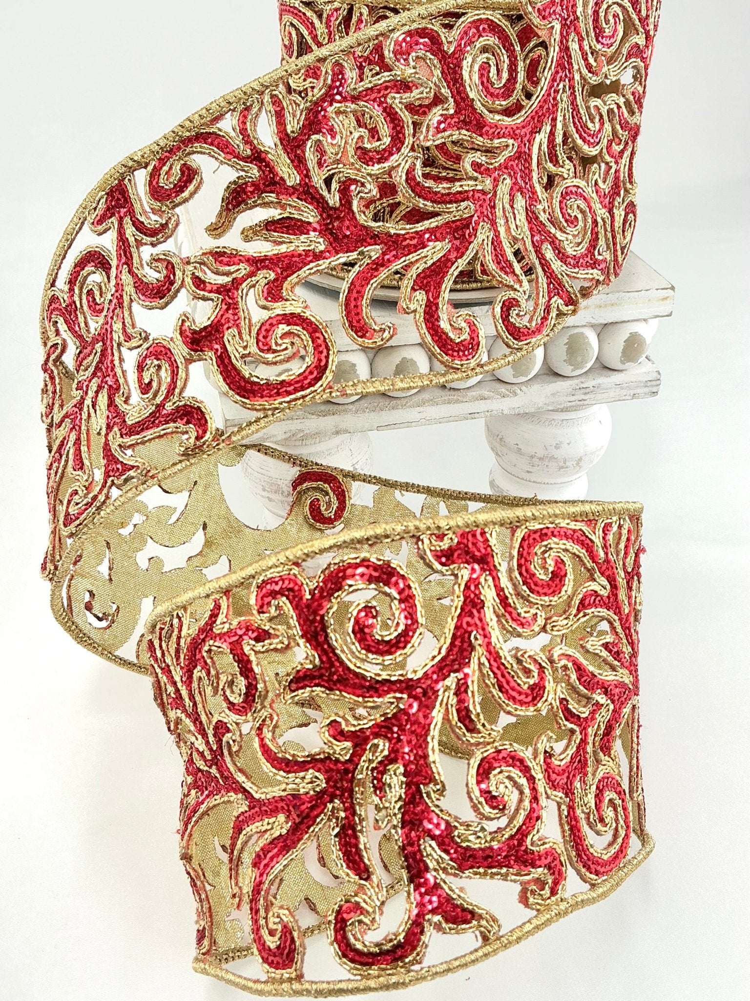 Farrisilk red sequin acanthus wired ribbon - 4” - Greenery Market