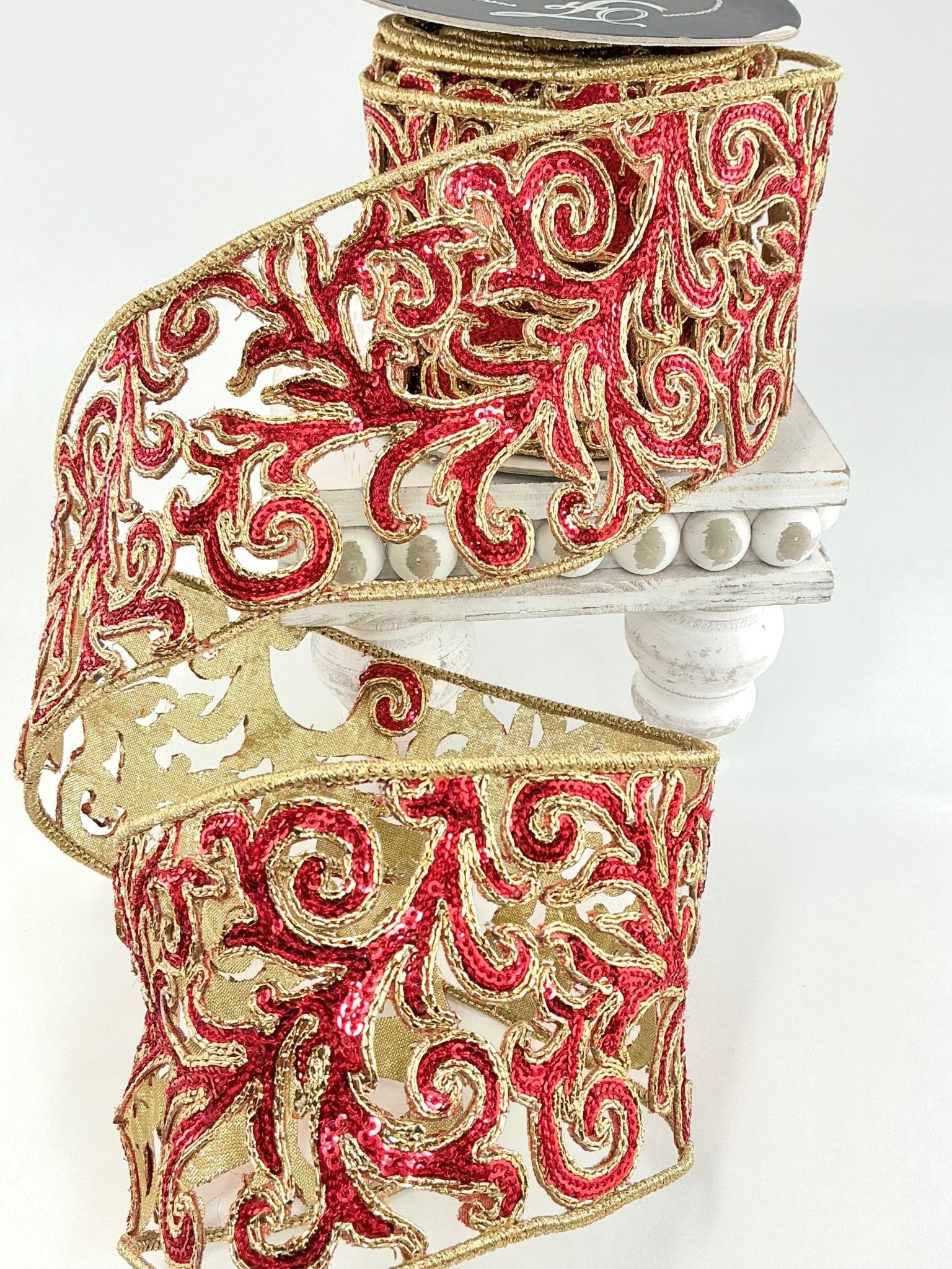 Farrisilk red sequin acanthus wired ribbon - 4” - Greenery Market