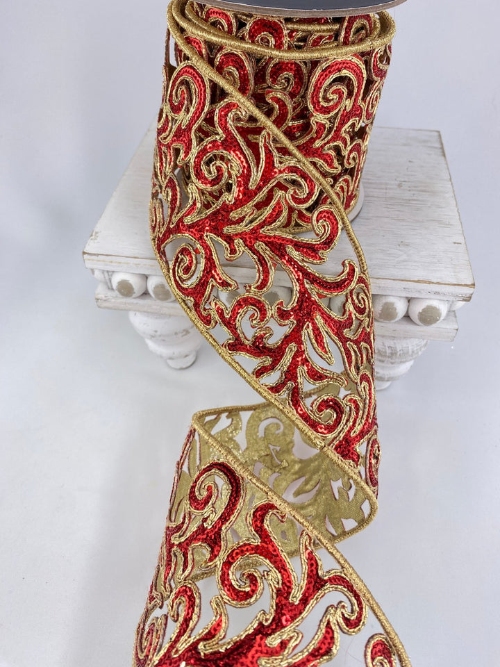 Farrisilk red sequin acanthus wired ribbon - 4” - Greenery Marketwired ribbonRK745 - 02