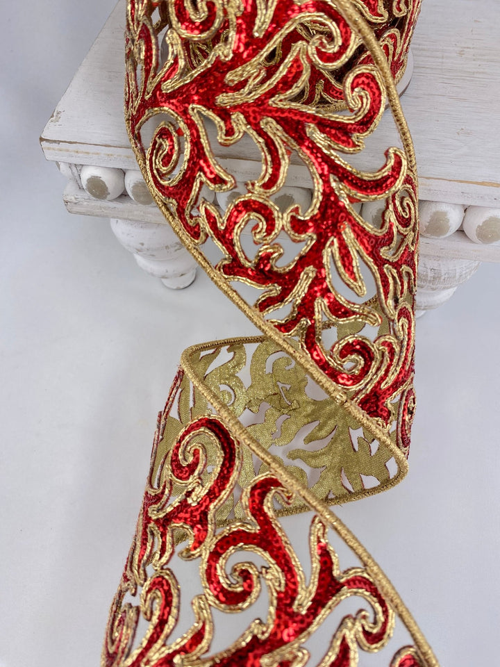 Farrisilk red sequin acanthus wired ribbon - 4” - Greenery Marketwired ribbonRK745 - 02