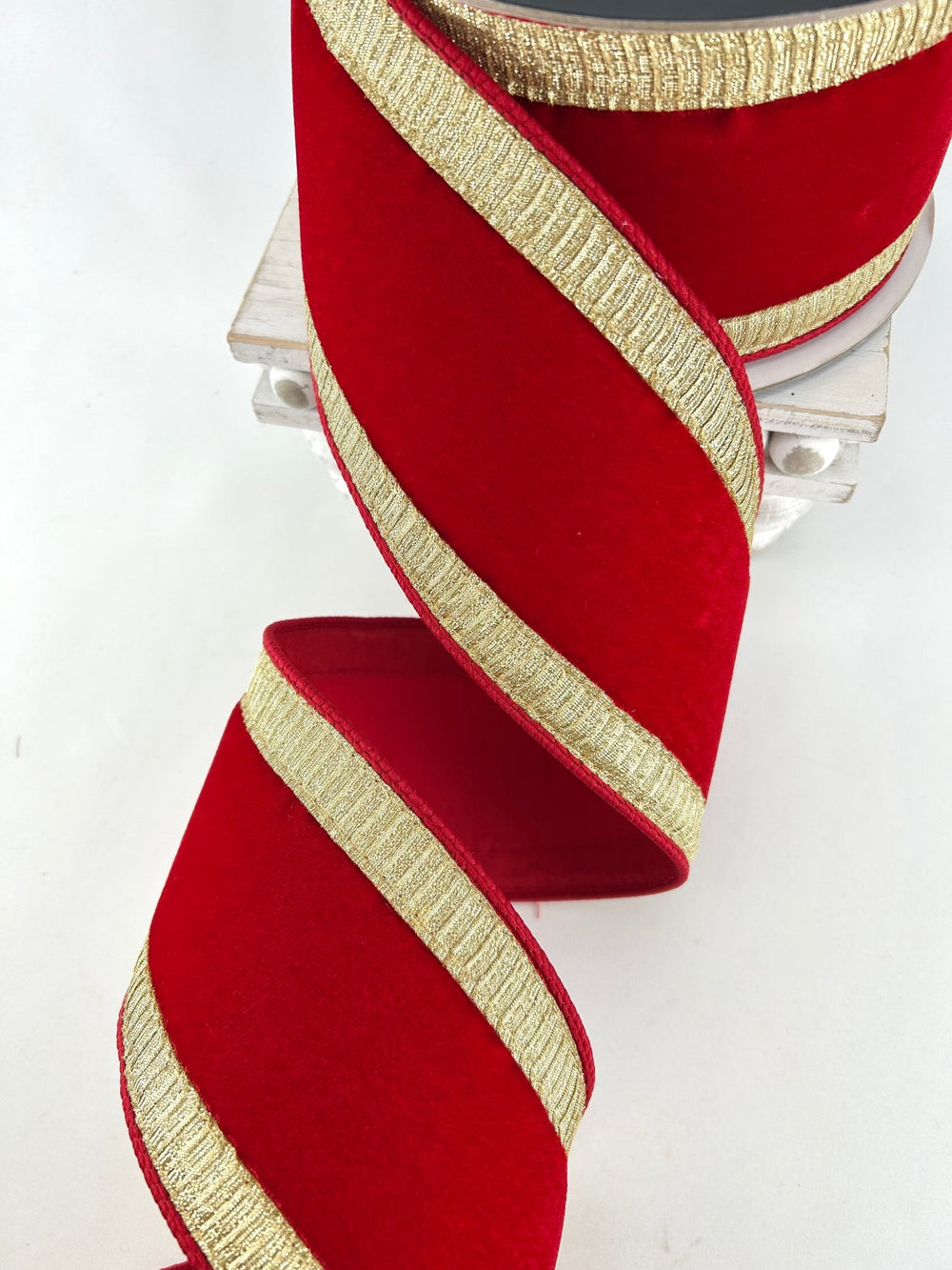 Farrisilk Red Velvet & Gold Pleated Borders Wired Ribbon - 4" - Greenery MarketWired RibbonRK300-84