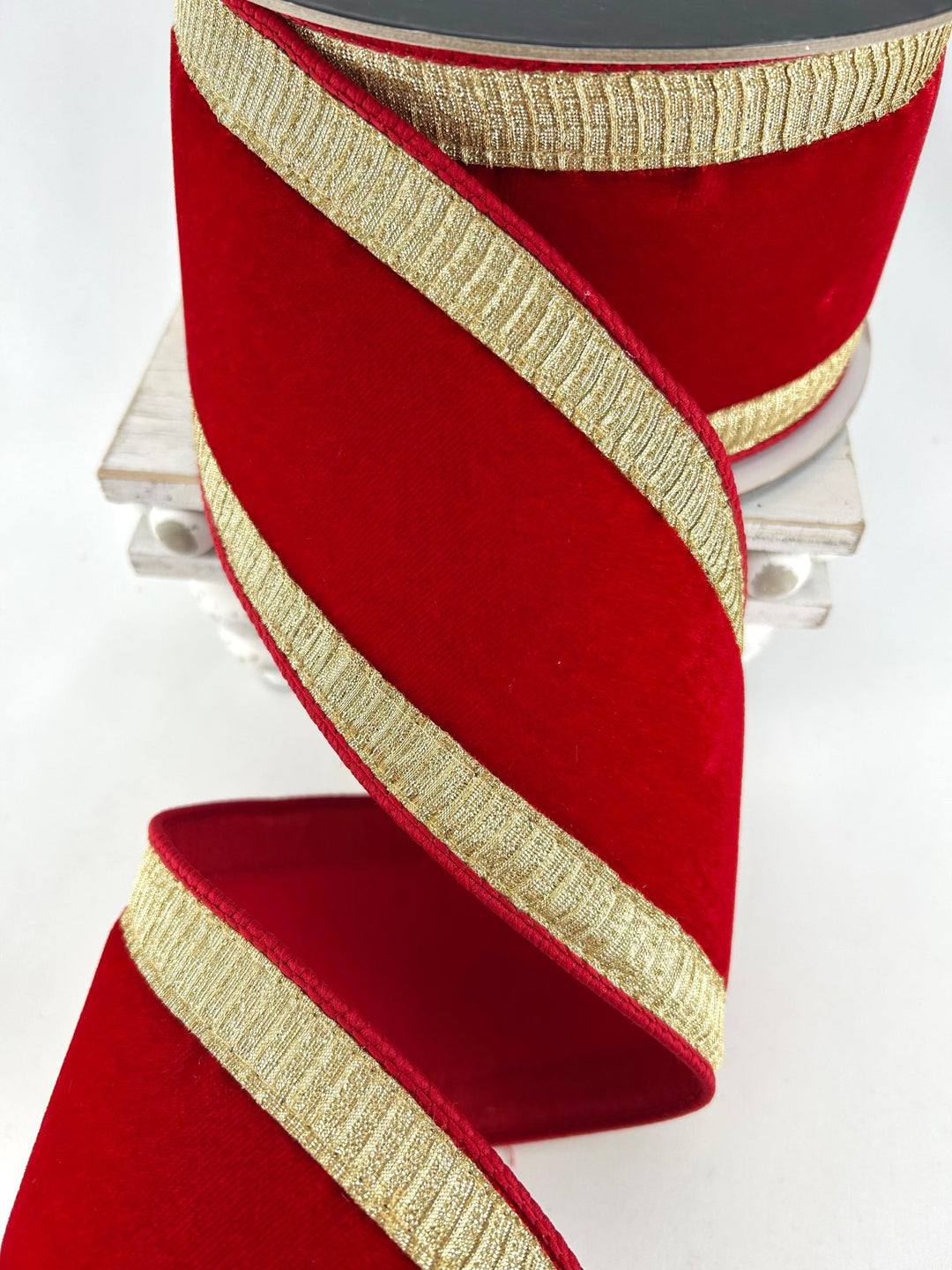 Farrisilk Red Velvet & Gold Pleated Borders Wired Ribbon - 4" - Greenery MarketWired RibbonRK300-84