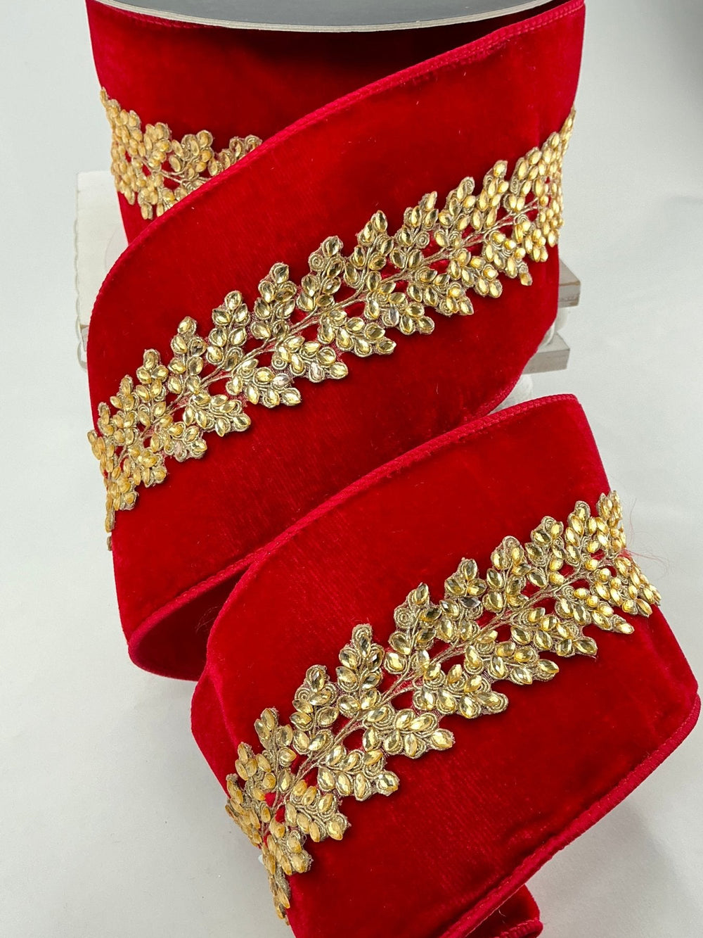 Farrisilk red velvet jewel vine tree ribbon - 4” - Greenery Marketwired ribbonRG893 - 02
