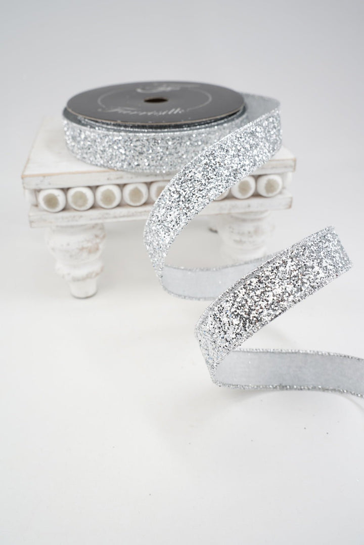 Farrisilk Silver Glitter Magic Wired Ribbon - 1" - Greenery MarketWired RibbonRS376-53